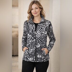 Chico's Monochrome Floral Jacket Drawstring collar